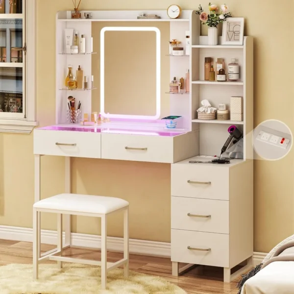 43" Glass Top Vanity Desk with LED Mirror
